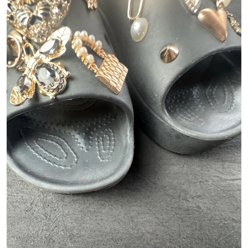 Crocs Classic Slides Black Custom Jeweled Charms Leopard Bee Pearls Sandals 8 - Picture 8 of 12